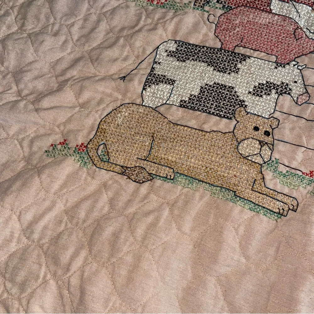 Handmade Baby Quilt Noah's Ark Cross Stitch Vintage 37”x 28” Fleece Lined.